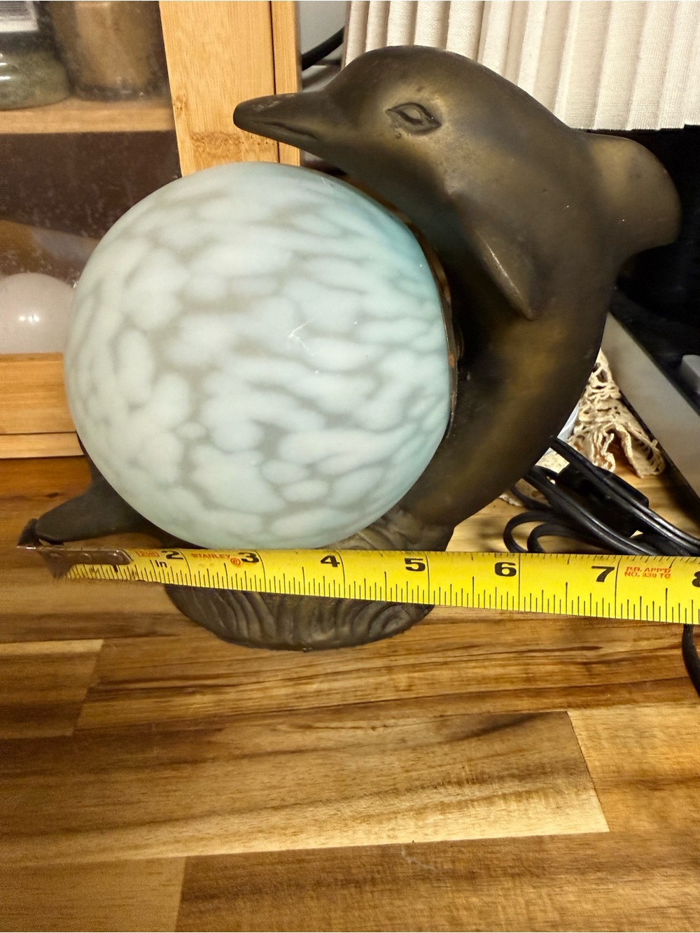 Dolphin Table Lamp SOLID BRASS Frosted Blue Glass Globe vintage art deco